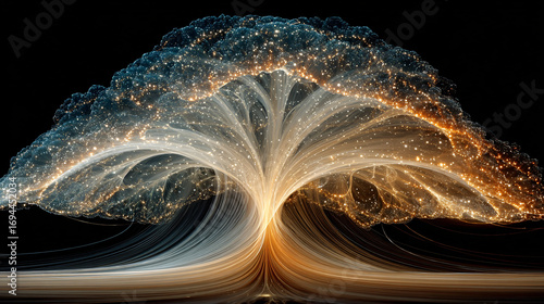 A classic tree of life diagram is unraveled and rewoven into a new, complex network of glowing light.