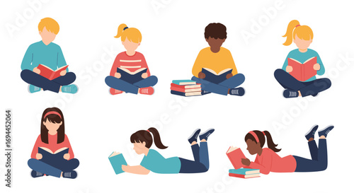 Children of diverse backgrounds enjoying reading books together on white background illustration