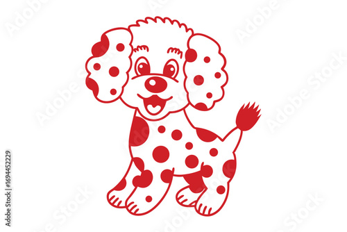 Smiling cartoon puppy outlined in red displays playful spots against a clean, white backdrop