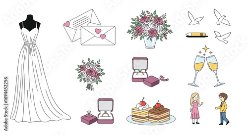 Elegant wedding elements featuring bridal gown rings champagne toast and celebration cake