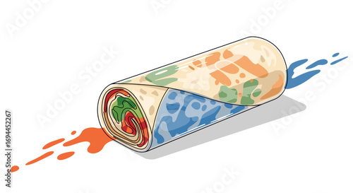 Deliciously rolled wrap filled with fresh ingredients splattering sauces on the sides