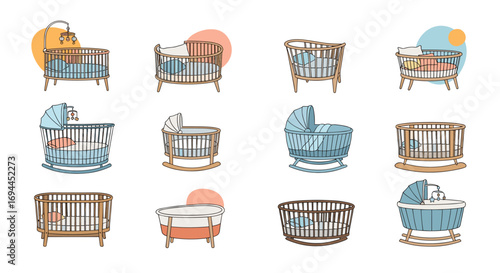 Collection of various baby cribs bassinets and cradles isolated on white background