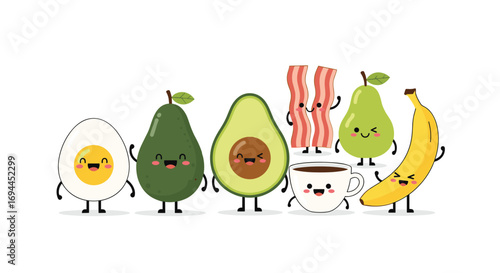 Cute kawaii breakfast food characters egg avocado bacon pear banana coffee dancing together