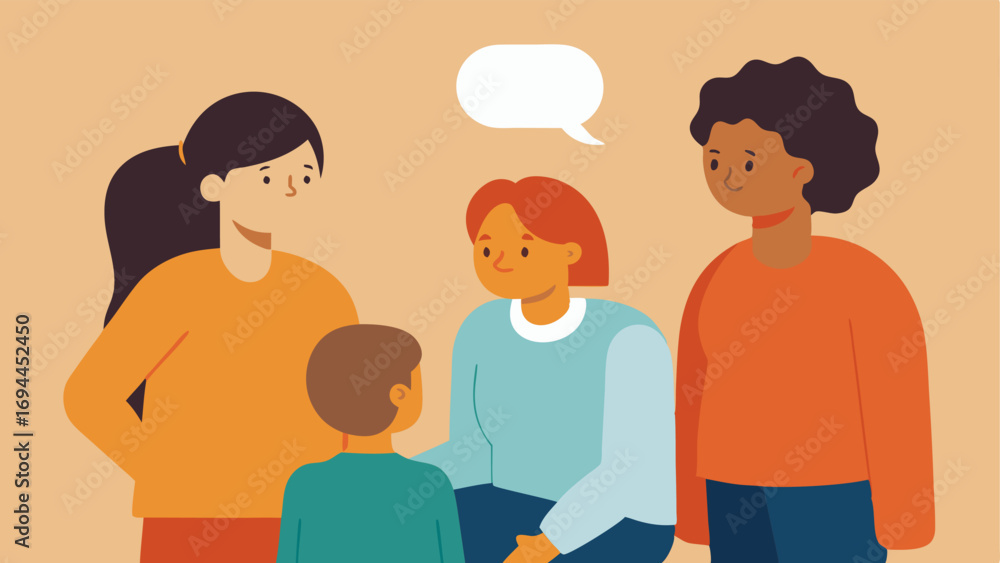 Obraz premium Family Support An illustration of a person talking with family members about HRT showcasing emotional support and understanding with warm tones to evoke a caring atmosphere.