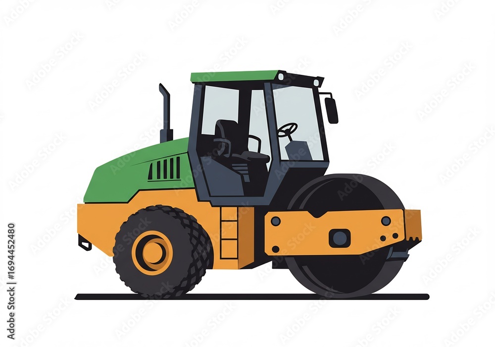 Naklejka premium 緑とオレンジの小型ロードローラーイラスト