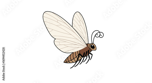 A whimsical cartoon moth takes flight with delicate cream colored wings and curly antennae