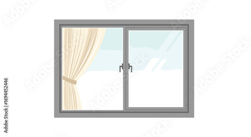 Modern sliding window with sheer curtains and a clear sky view outside