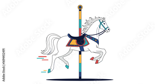 Whimsical carousel horse galloping on colorful pole against white background