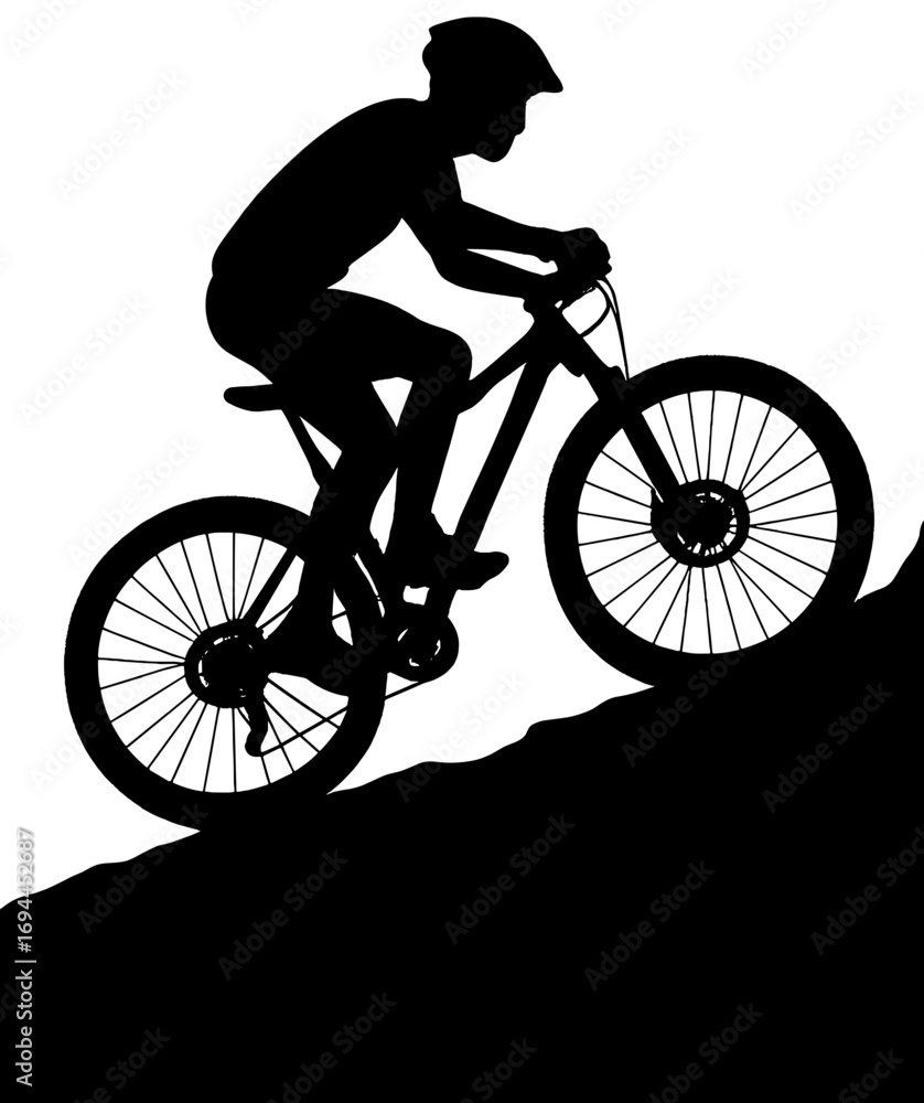 Fototapeta premium Silhouette of Cyclist Riding Uphill on Mountain Bike | Adventure Sports Illustration