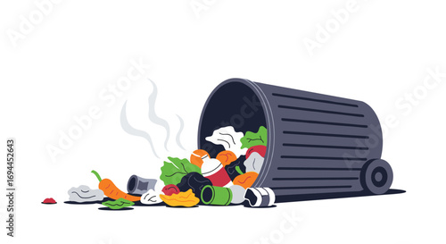 Overflowing trash can spills fresh produce and food waste onto the ground