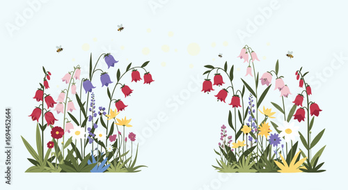 Pixel art wildflower meadow with bees and delicate blooms