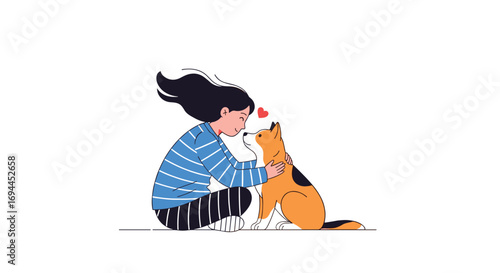 A young woman shows her affection for her beloved dog while sitting on the floor