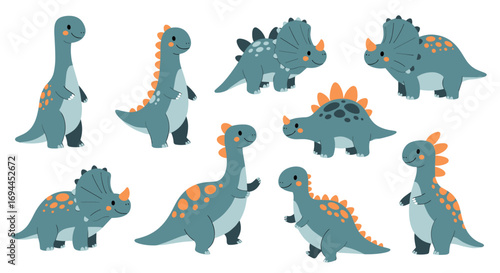 Collection of cute cartoon dinosaurs in various poses and styles