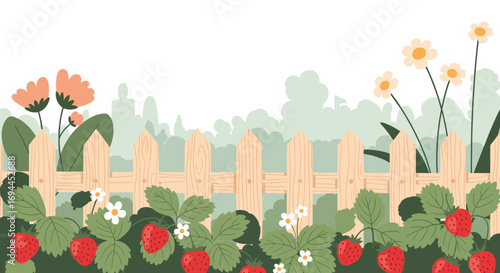 Sweet summer strawberry patch with blossoms and a rustic wooden fence