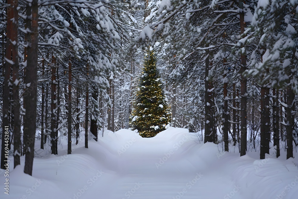 Fototapeta premium Christmas tree glowing in snowy forest winter wonderland holiday season festive spirit nature scene 96