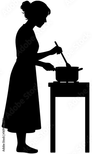 Silhouette of Woman Cooking and Stirring Pot | Female Chef Kitchen Vector