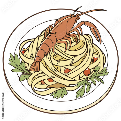 A delectable hand-drawn illustration of Italian seafood pasta with a large prawn, perfect for a gourmet restaurant menu design