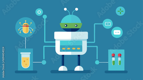 Data Collection A nanobot collecting biological samples and storing them in a compartment with detailed icons signifying data gathering processes.