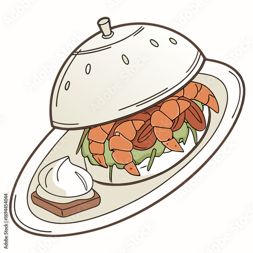 Stylized vector illustration of a gourmet shrimp sandwich served on a plate with a cloche and a side of creamy dip