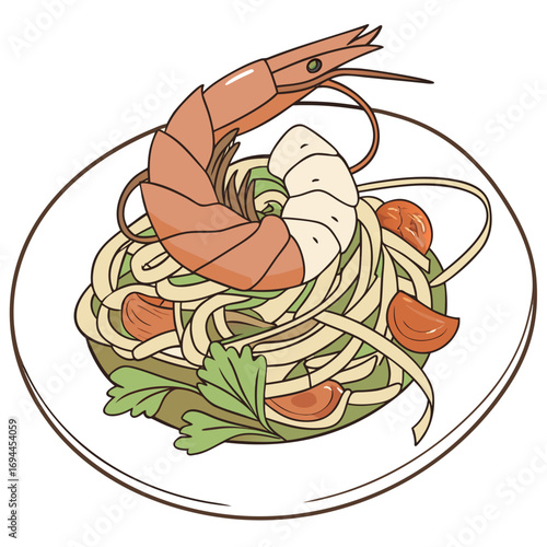 Hand-drawn vector illustration of a delicious shrimp pasta dish with fresh cherry tomatoes and parsley, isolated on a white background