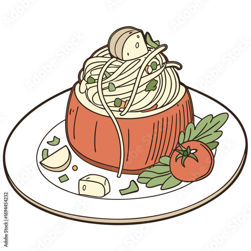 Delicious illustration of a pasta dish served in a hollowed-out tomato, garnished with herbs and a slice of cheese