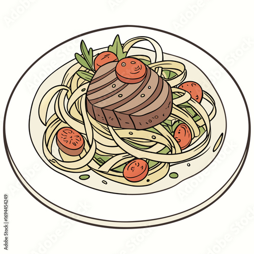 Deliciously prepared steak served on a bed of pasta with cherry tomatoes and herbs, a culinary masterpiece