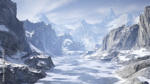 Wallpaper Mural Frozen river flowing through snowy valley surrounded by mountains, winter landscape with serene and majestic natural scenery Torontodigital.ca