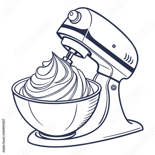 Hand-drawn sketch of a retro stand mixer whipping a fluffy swirl of cream in a bowl, a baking and pastry concept