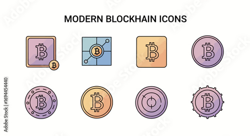 Modern Bitcoin and Blockchain Technology Icons Set, Digital Cryptocurrency Concepts