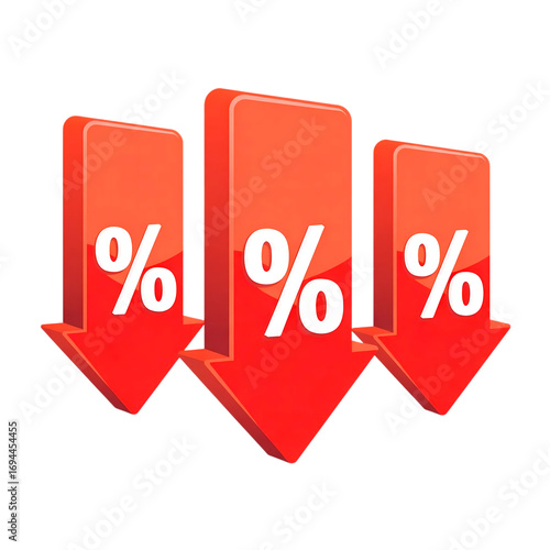 Three red downward pointing arrows with percentage signs indicating a sale or discount