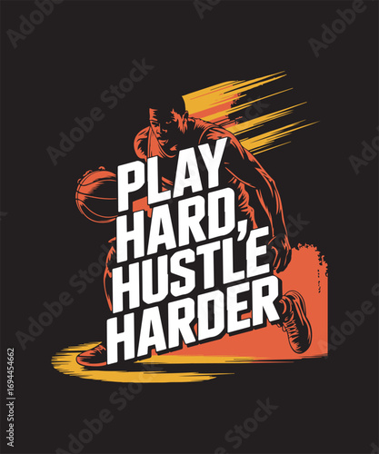 Basketball T-shirt design, basketball player silhouette, slam dunk, dribbling, sports typography, retro vintage basketball artwork, streetwear graphic design, trendy athletic apparel vector art