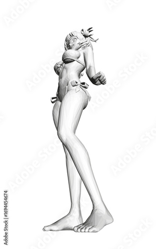 Polygonal bikini girl stands confidently against a white background in this black and white illustration.