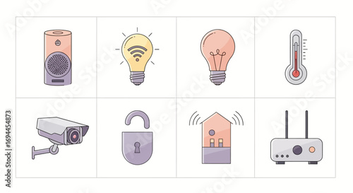 Smart Home Technology Icons: Security, Lighting, Climate, Connectivity, and Audio Devices
