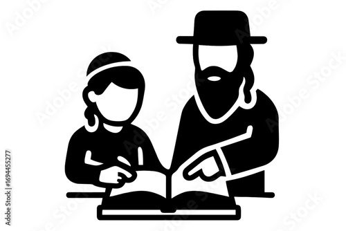 Orthodox Jewish man and child studying the Torah together, a simple black icon representing religious education, learning, and cultural heritage