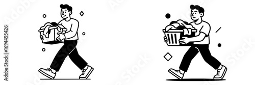 Man carrying a laundry basket full of clothes, black and white line art character design for household chores concept