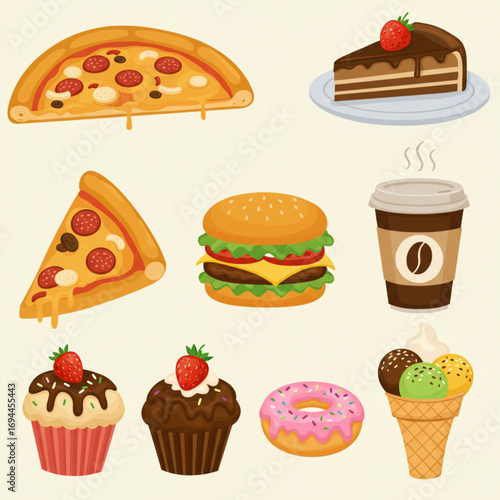 A colorful collection of delicious food, including pizza, cake, burgers, coffee, and ice cream