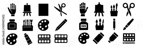 Art supplies icon set with various painting and drawing tools including easel, canvas, palette, brushes, ink bottle, pencil, and scissors in a solid black glyph style