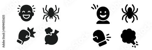 Collection of black glyph symbols including a happy face, spider, boxing glove, and fart cloud for user interface and graphic design