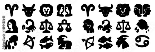 Complete set of twelve zodiac signs in two different styles for astrology and horoscope concepts isolated on a white background