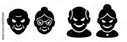 Evil senior citizen icons with mischievous expressions, villainous grandparent faces in black silhouette style for graphic design