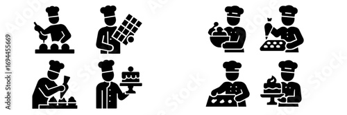 Glyph symbols of a pastry chef and chocolatier baking and decorating cakes, cupcakes, and chocolate confections