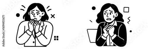 Black and white icon set of an anxious businesswoman feeling stressed and worried with a panic attack expression