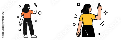 Woman from behind pointing up with index finger, minimalist character design set with abstract geometric shapes