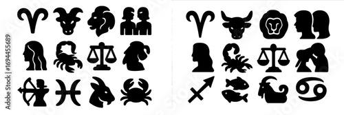 Zodiac signs icon set with black silhouette astrology symbols for horoscope and spiritual concepts