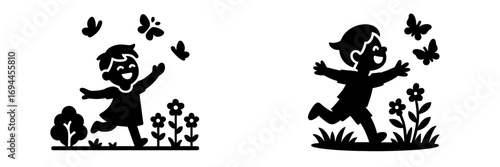 Black silhouettes of a happy boy and girl running and playing in a garden with blooming flowers and flying butterflies