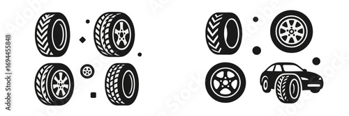 Collection of black car tire and wheel icons with various tread patterns and rim designs for automotive service and transport concepts