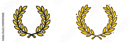 Golden laurel wreath icon set for victory and achievement award symbol isolated on white background, a classic emblem of honor and nobility