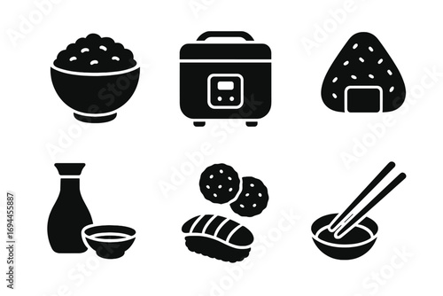 Japanese food and rice cooking icon set with sushi, onigiri, rice cooker, and soy sauce glyphs for Asian cuisine