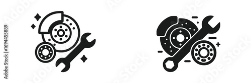 Car brake system repair and maintenance icon set with disc brake, caliper, wheel bearing, and wrench tool