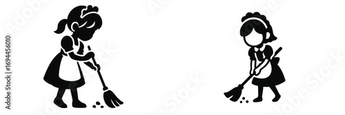 Set of two black silhouette icons of a maid or housekeeper sweeping the floor with a broom in a classic uniform
